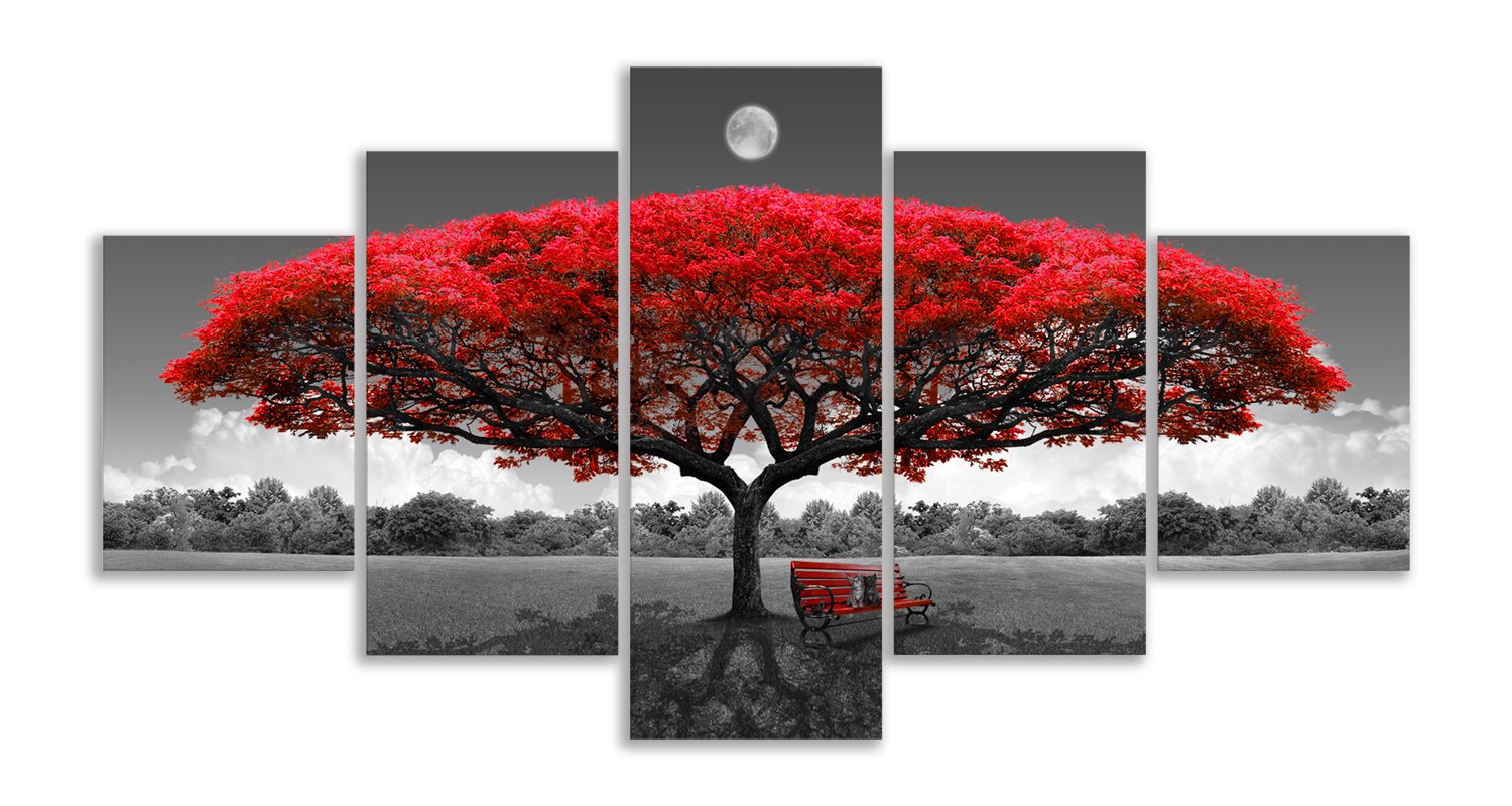 Canvas Wall Art Red Tree Wall Art with Moon Black and White Landscape Pictures for Wall Decor Large Pictures for Living Room 5 Pieces Canvas Wall Art Red Tree Wall Art with Moon Black and White Landscape Pictures for Wall Decor Large Pictures for Living Room 5 Pieces