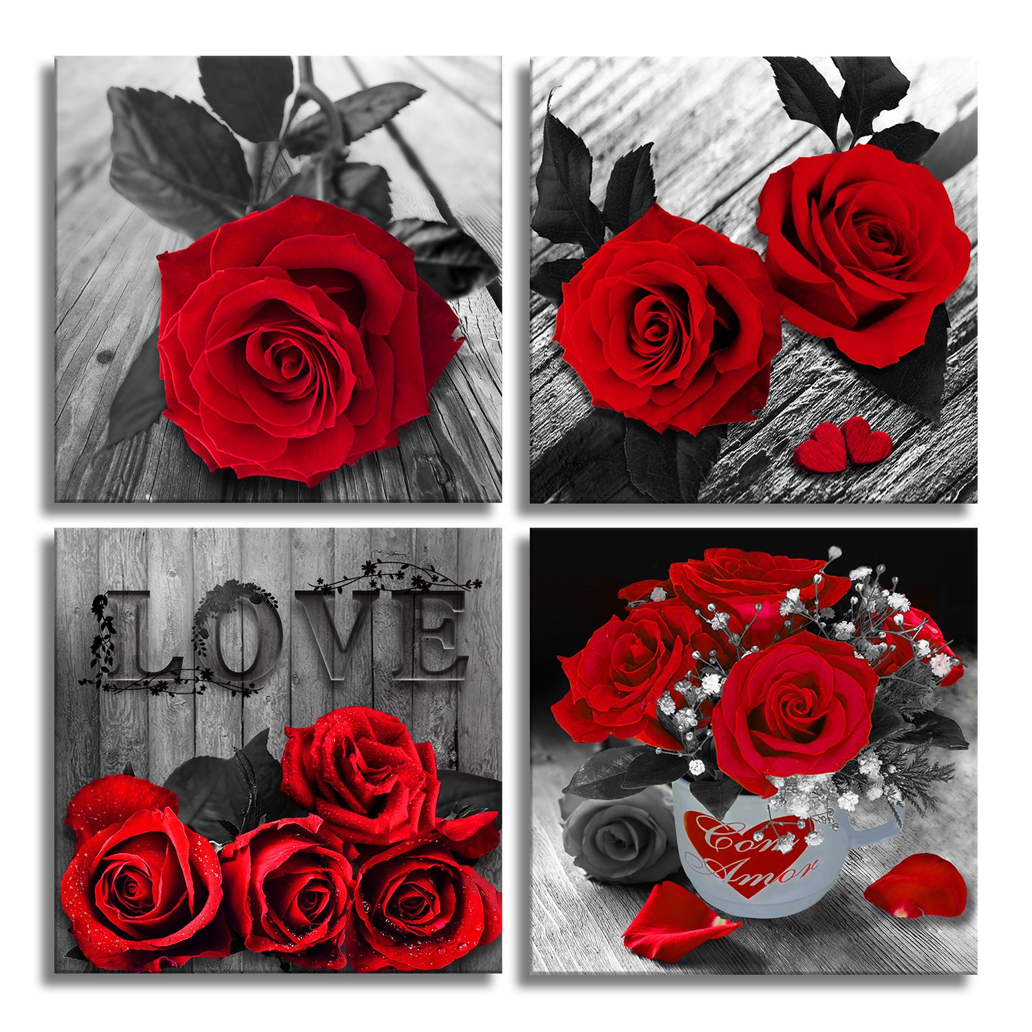 Canvas Wall Art Red Rose Painting Black and White Wall Art Flower Pictures Canvas Print for Living Room Bedroom Home Decorations 4 Pieces Canvas Wall Art Red Rose Painting Black and White Wall Art Flower Pictures Canvas Print for Living Room Bedroom Home Decorations 4 Pieces