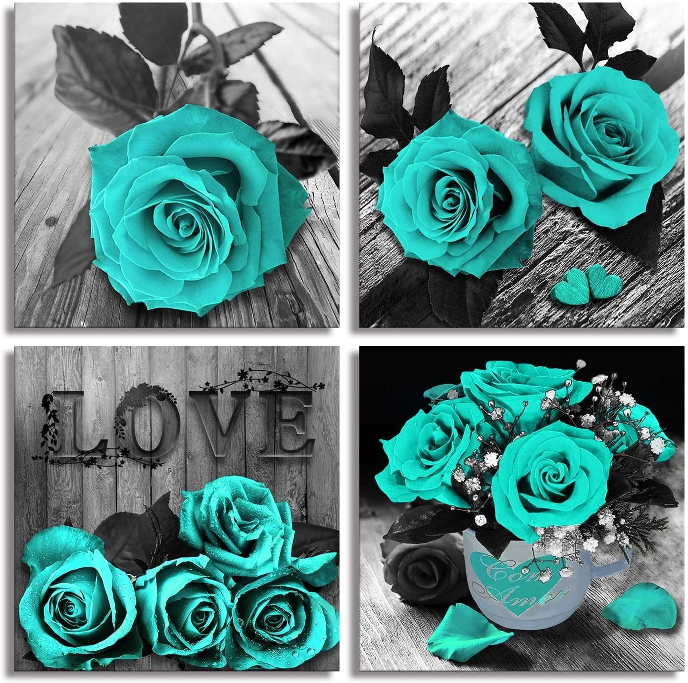 Teal Rose Flowers Canvas Prints Black and White Wall Art Turquoise Floral Pictures for Home Bedroom Bathroom Decoration Teal Rose Flowers Canvas Prints Black and White Wall Art Turquoise Floral Pictures for Home Bedroom Bathroom Decoration