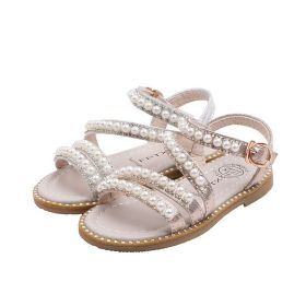 Girls Sandals Pearl Sweet Soft Children's Beach Shoes Kids Summer Floral Sandals Princess Fashion Cute Baby Girl Shoes (Size: 35-insole 22cm, Color: Gold)