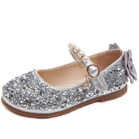 Spring Children Kids Girls Bowknot Back Pearl Decorate Glitter Princess Leather Shoes Pink Silver (Size: 35(insole 21.2cm), Color: Silver)