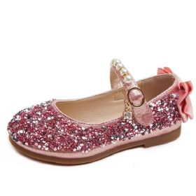 Spring Children Kids Girls Bowknot Back Pearl Decorate Glitter Princess Leather Shoes Pink Silver (Size: 31(insole 18.8cm), Color: pink)