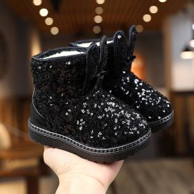 Winter Fashion Children Shoes Girls Boots with Glitter Princess Cute Rabbit Baby Toddler Snow Boots New Kids Short Boots E09133 (Size: 27, Color: BLACK)